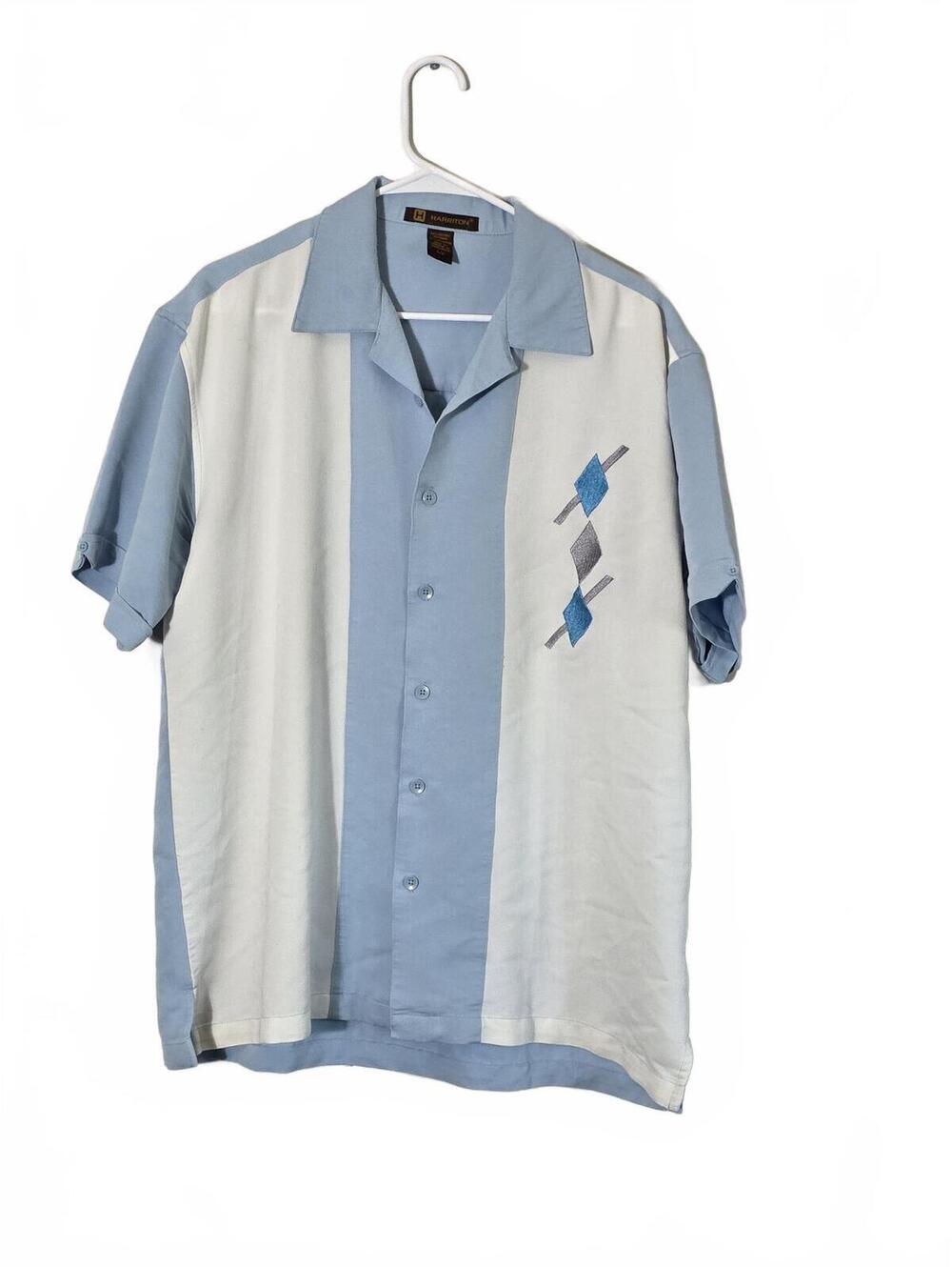 Vintage 1990s Harriton Light Blue & White Retro Bowling Shirt Sz L